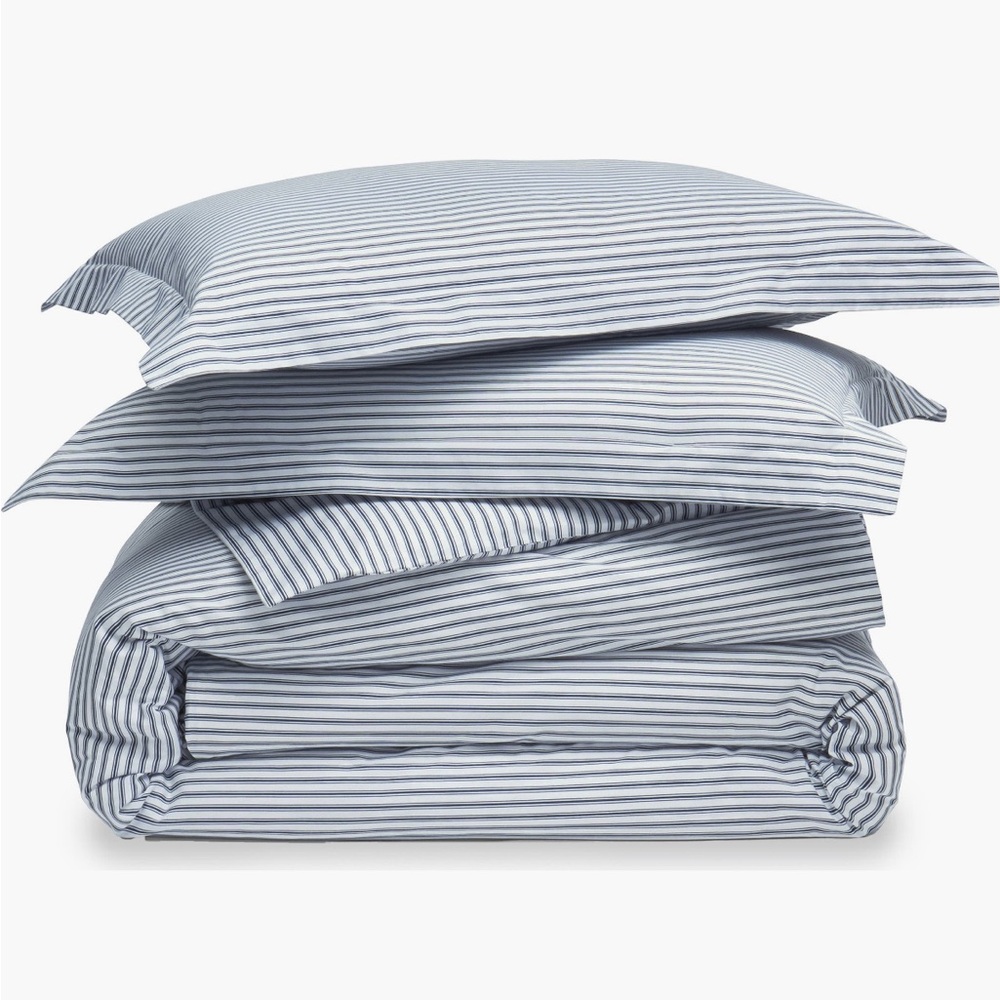 Petite Plume NWT French Ticking Cotton Percale Duvet Cover & Shams Queen Size